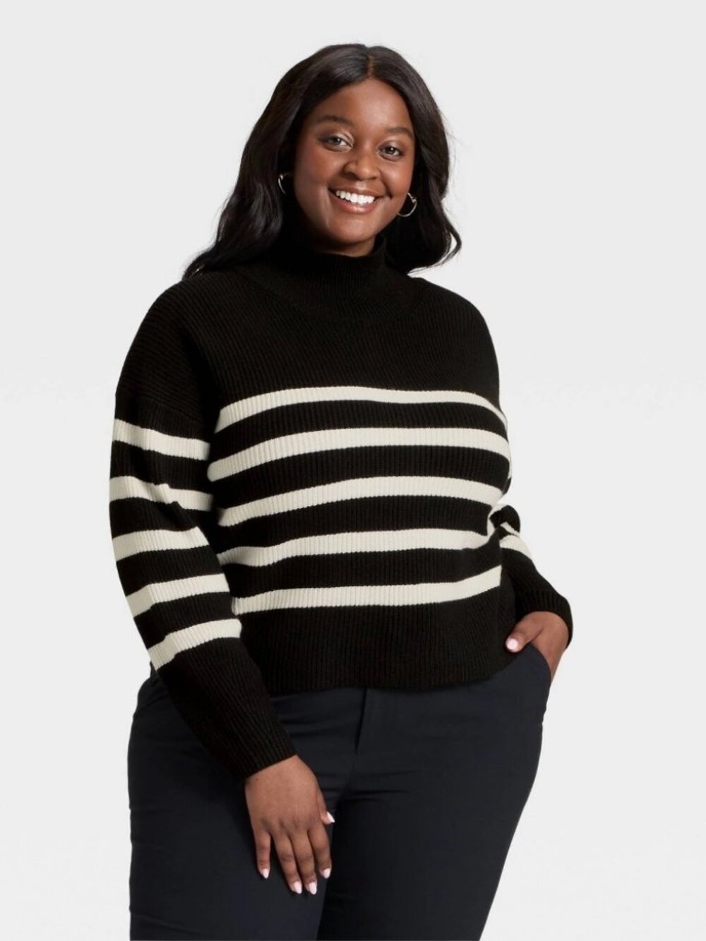 Women's Long Sleeve Mock Turtleneck Funnel Pullover Sweater - a New Day™ Black/C